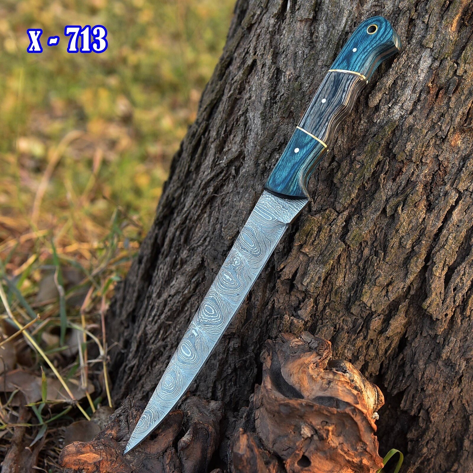 Damascus Fish Fillet Kitchen Knife 12” Damascus Steel Blade Blue Wood Handle