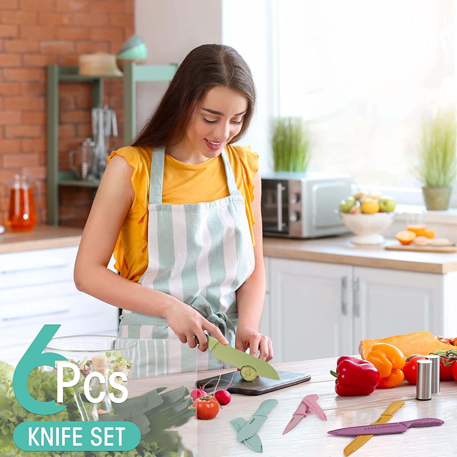 HAUSHOF Kitchen Knife Set 6PC Non-Stick Coated Stainless Steel Blades for Dicing