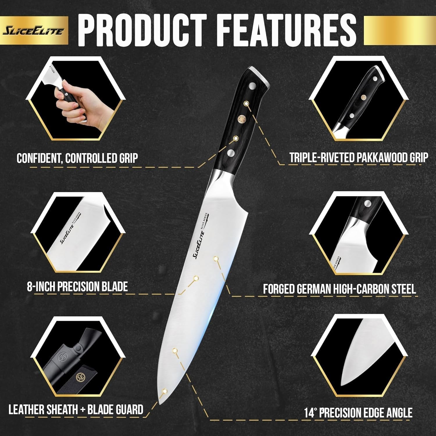 SliceElite 8 Inch Chef Knife High Carbon German Steel Pakkawood Handle Sharp