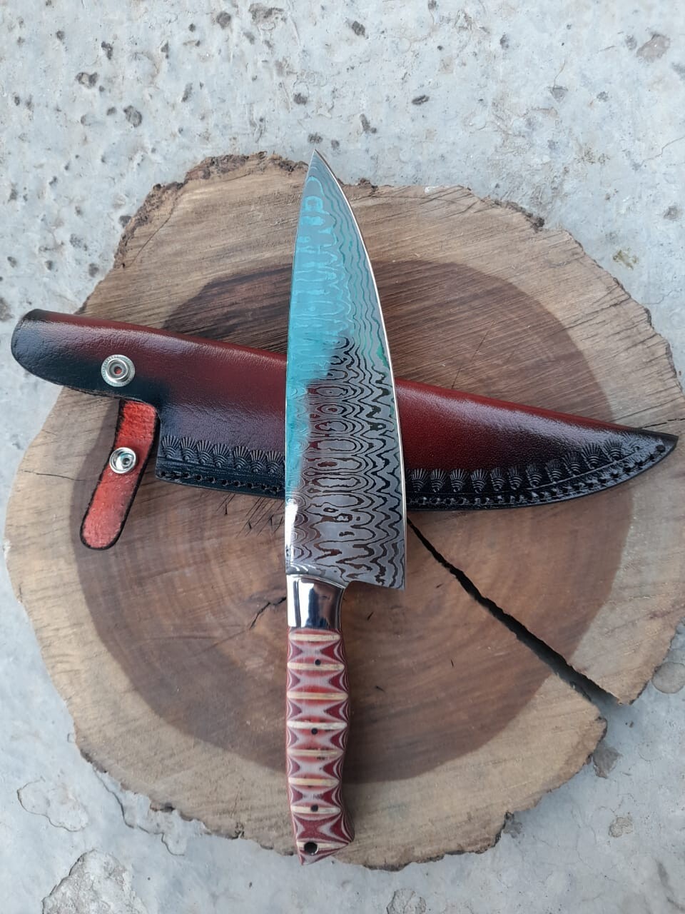 Handmade 13 inches Chef Knife Damascus Steel With Leather sheath Handle Resin