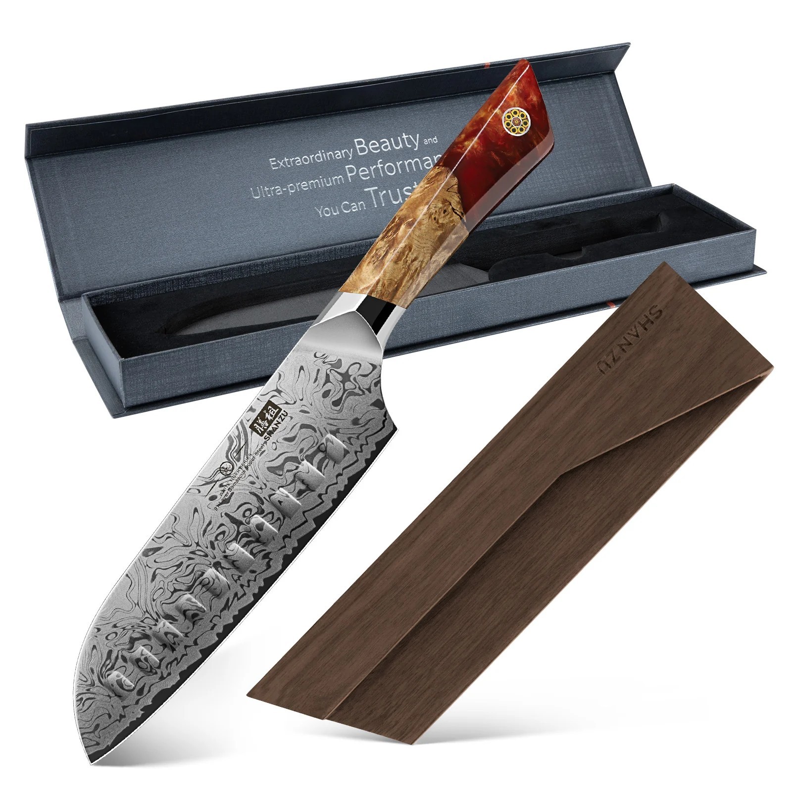 SHAN ZU Damascus Chef Knife 7in SG2 Powder Steel Santoku Knife & Mangetic Sheath