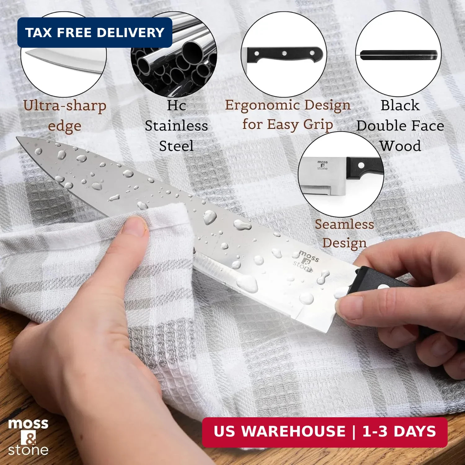 Moss & Stone 7-Piece Kitchen Knife Set with Block – Stainless Steel Serrated Kit