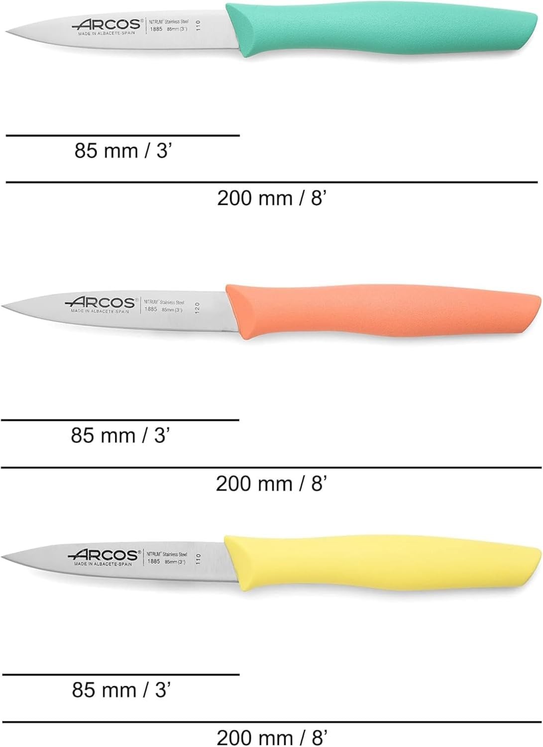 Arcos Paring Knife Set of 3 Pieces 4 Inch Stainless Steel. Colorful Kitchen K…