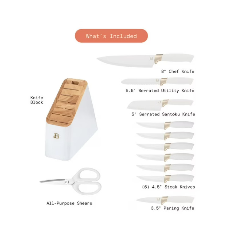 Beautiful 12 Piece Knife Block Set with Soft-Grip Ergonomic Handles White and Go