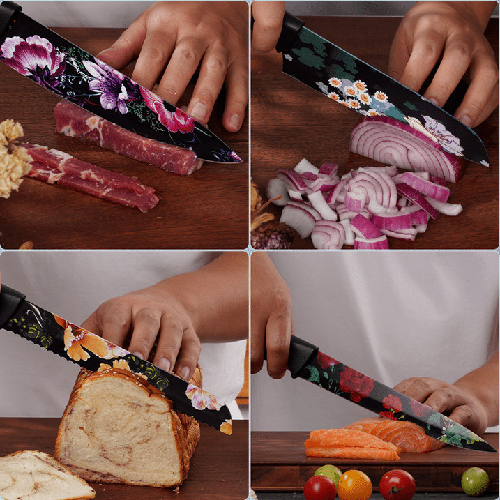 Astercook Knife Set 6 Piece Flower Kitchen Stainless Steel 6 Blade Guards Black