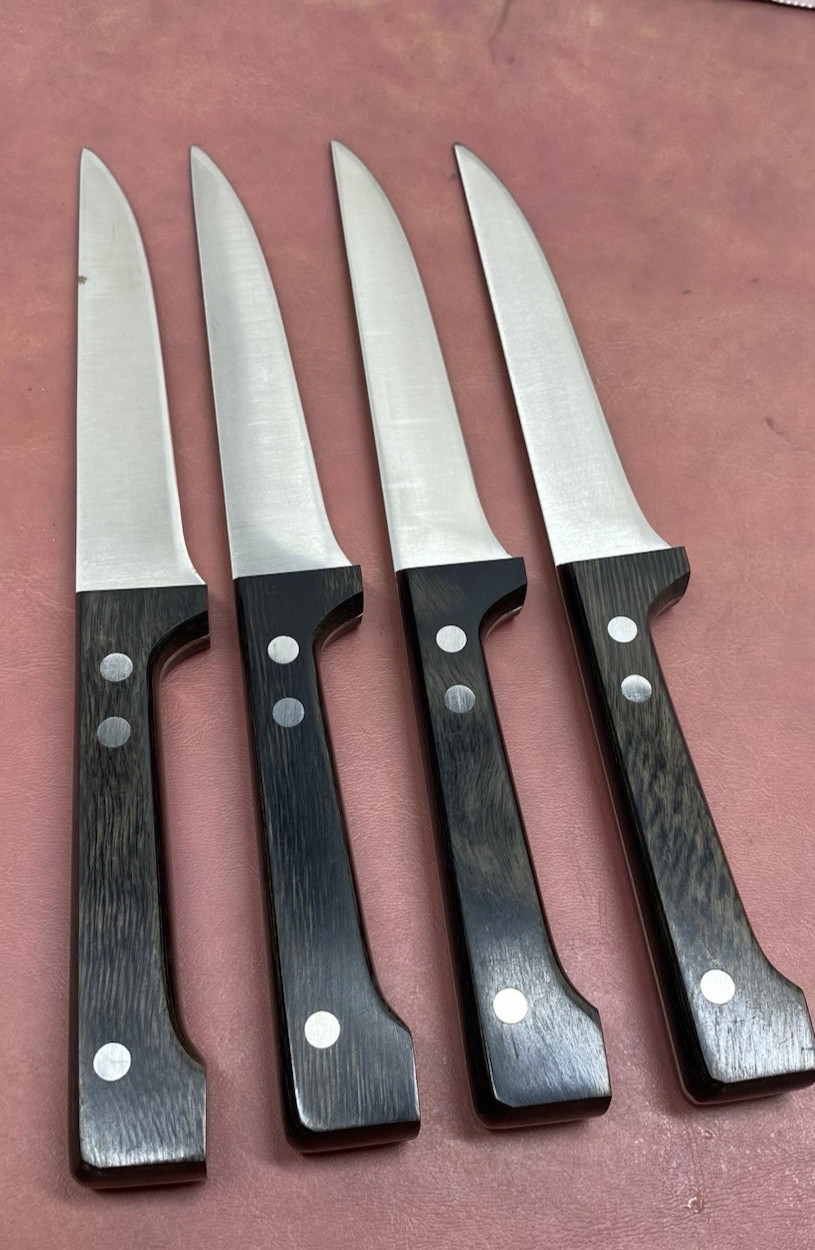 Vtg Dansk Steak Knives Set of 4 Unserrated Teak Handle Stainless Steel GC Japan