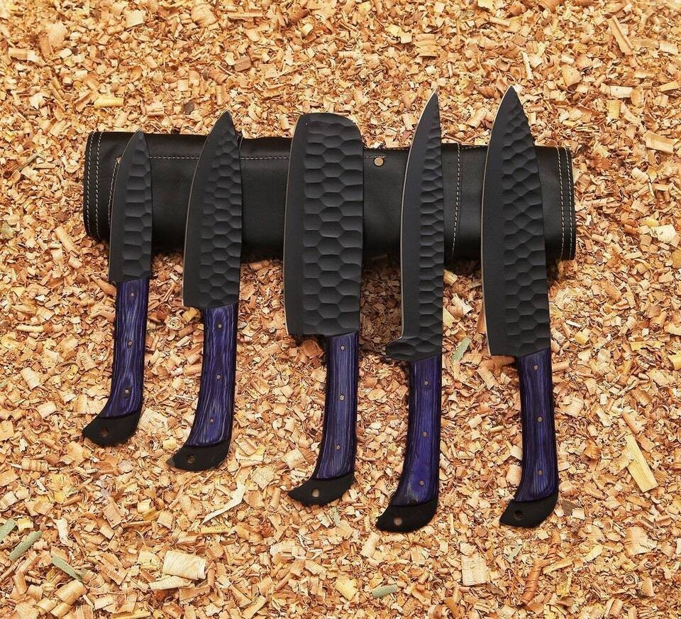 Handmade 5Pcs Kitchen Chef Knife Set Blue Handle Custom Steel Cleaver Sheath