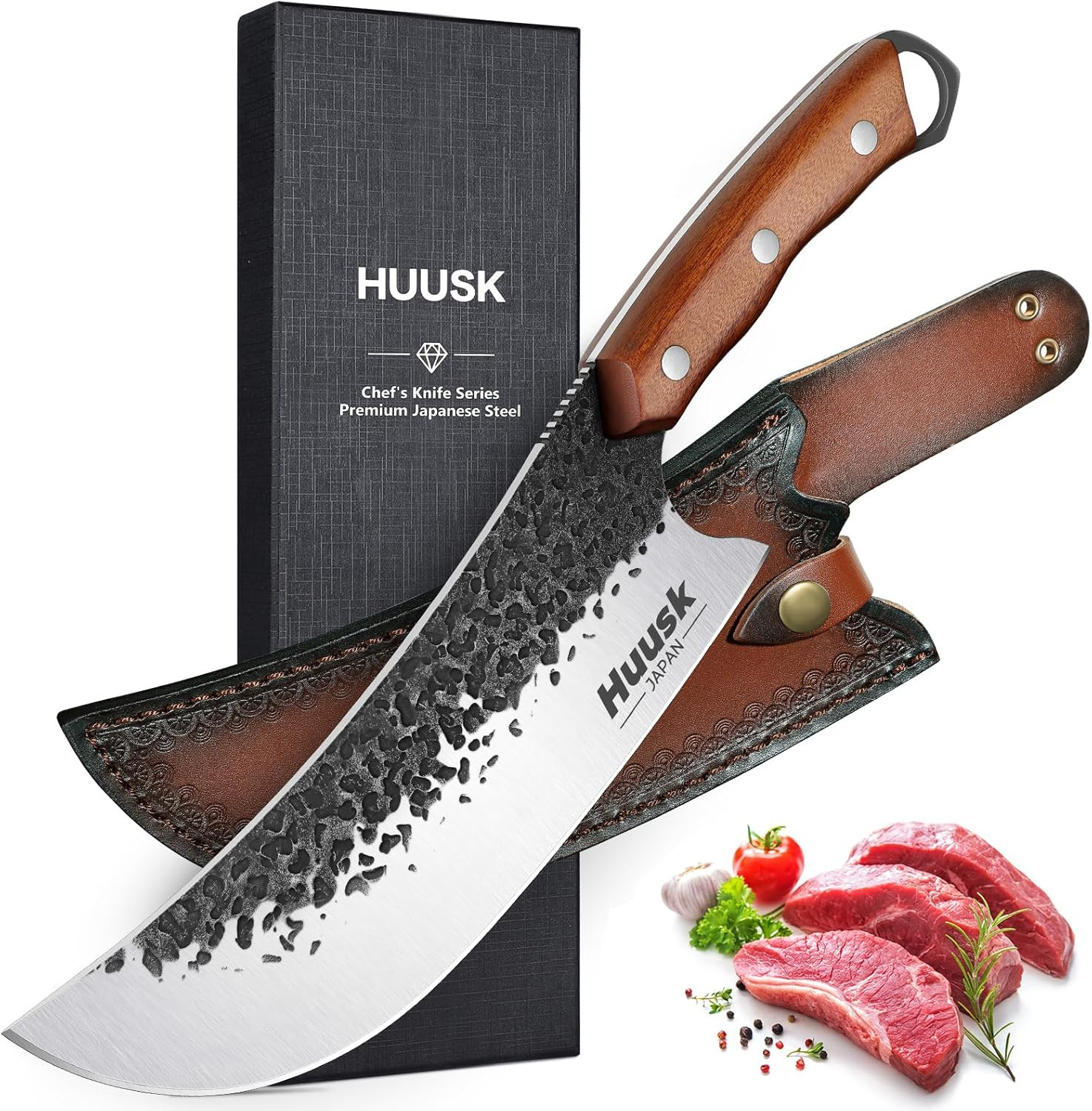 Butcher Knife for Meat Cutting, Meat Cleaver Heavy Duty with Sheath, Hand Forged