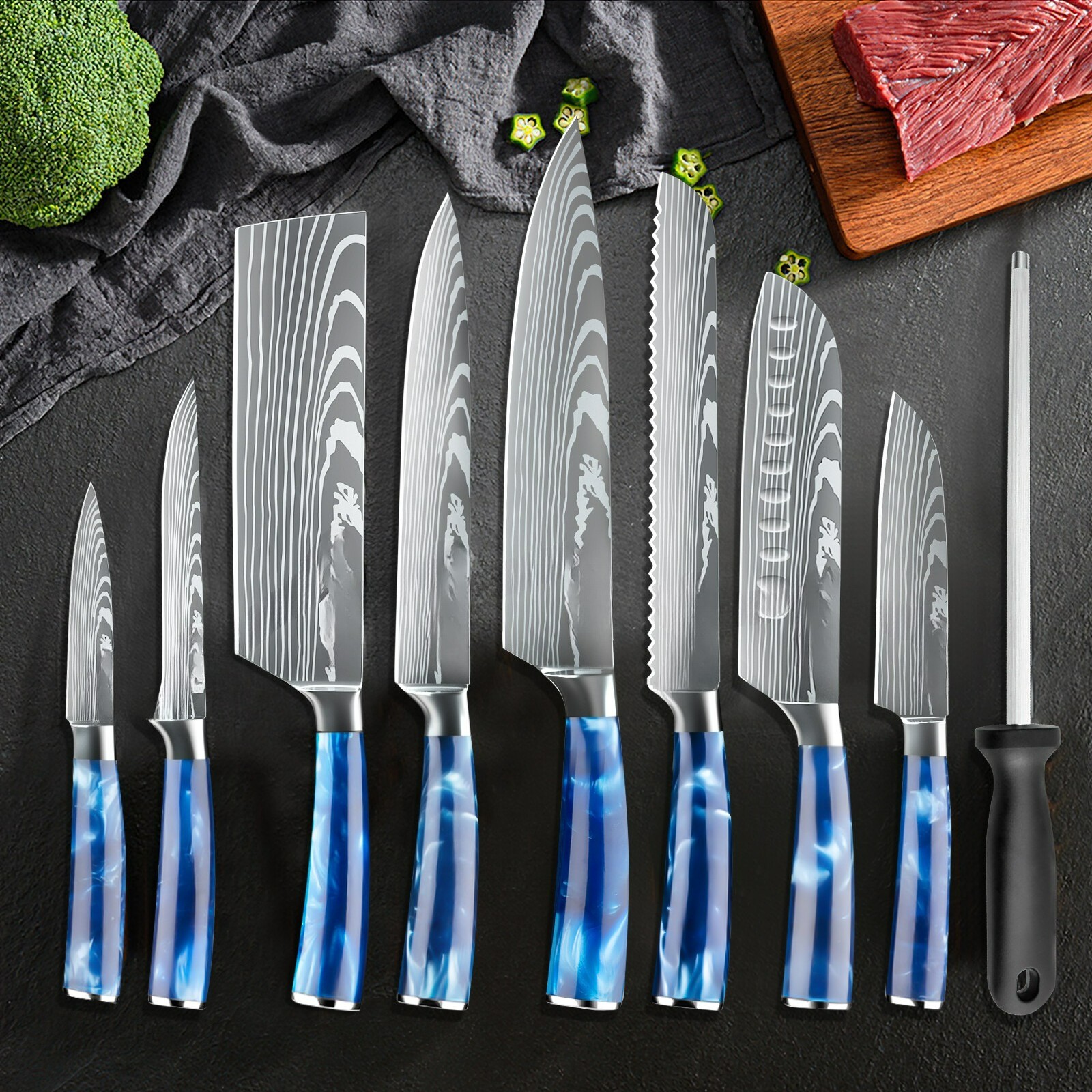 9PCS Chef Knife Set, High Carbon Steel Damascus Kitchen Knives with Sheath & Bag