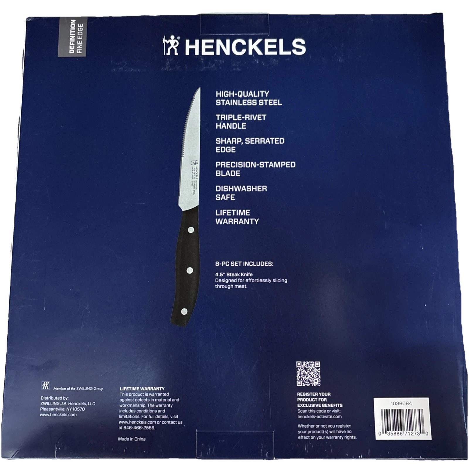 Henckels Definition 4.5in stainless steel full tang Steak knives – Set of 8 NIB!
