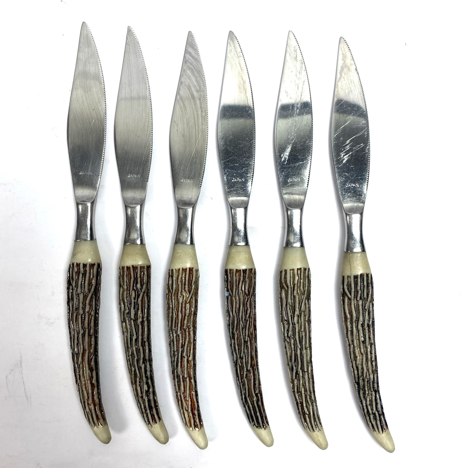 Set of 6 Japan Stainless Steel Dining Knives Antler Look Resin Handles 8.75″