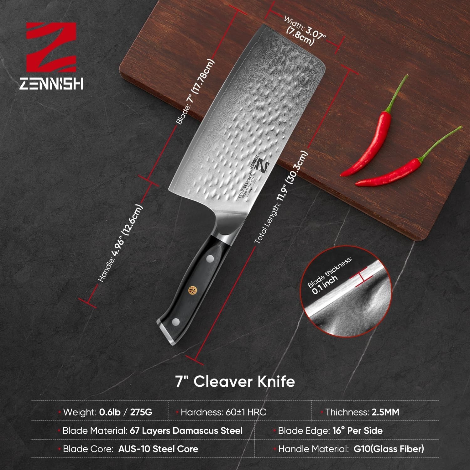 KENNISH Cleaver Knife 7″ Meat Cleaver – Japanese AUS-10 Damascus Steel 60HRC