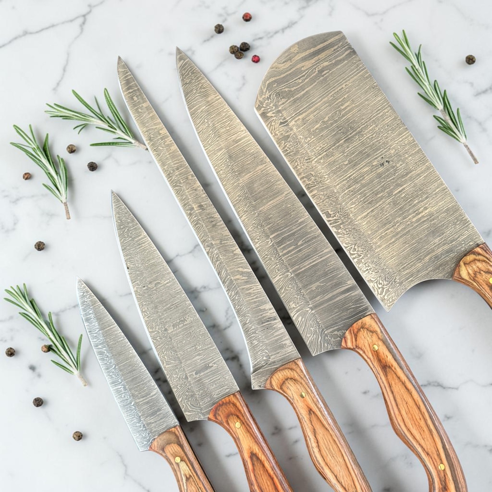 Chef Set 5 Pcs | Damascus Steel | Premium Pakka Wood | Leather Sheath | D547