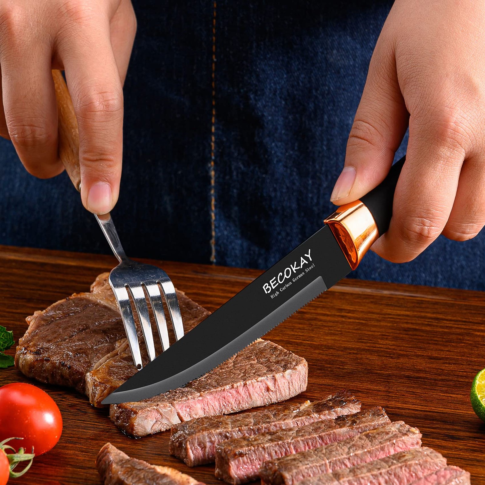 8 PCS Steak Knives Set German Steel Serrated Ergonomic Soft Touch Handle Black