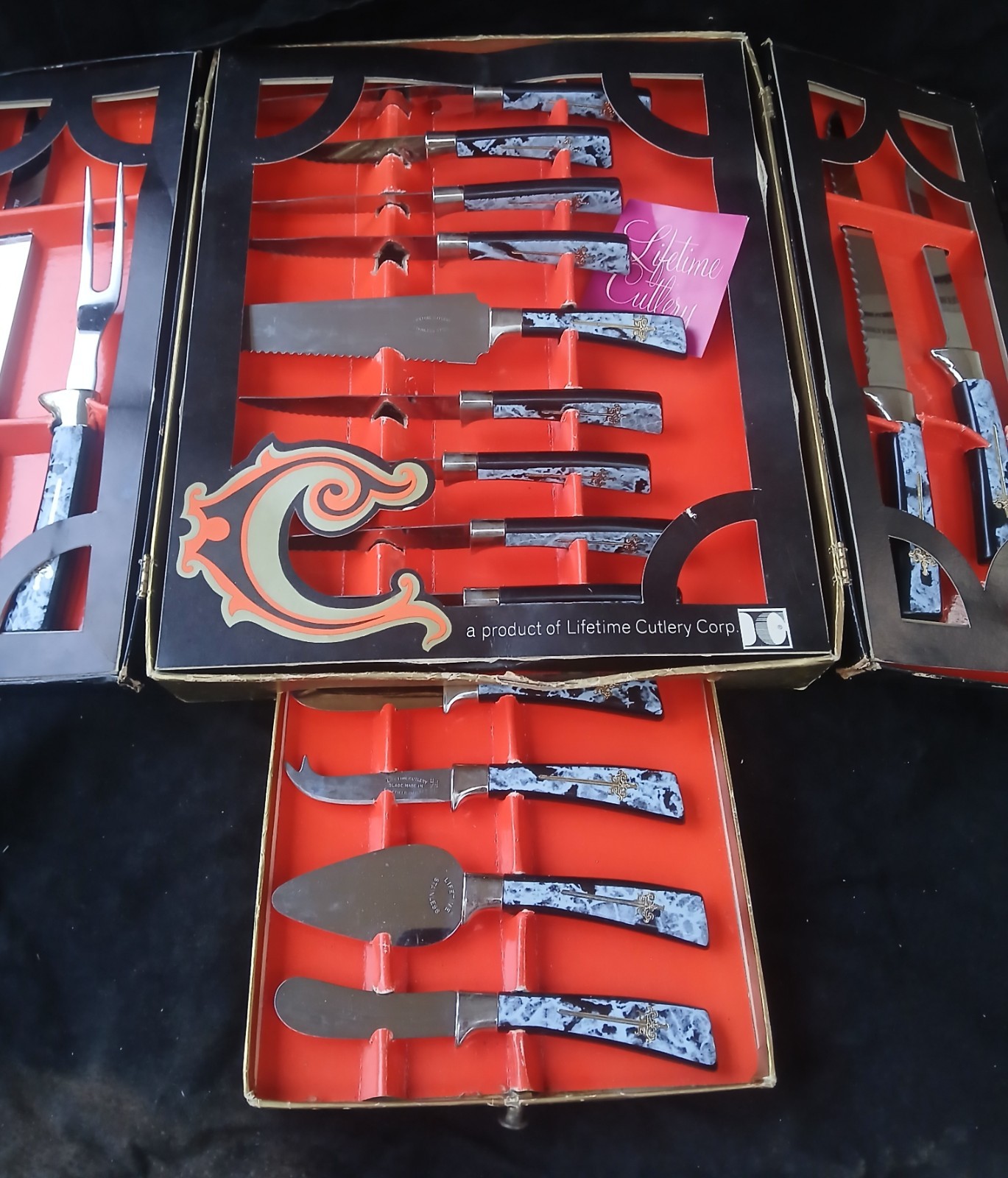 VtgCutlerySetCarvingSwordCamelotBlueKnifesClassyLuxuryRetroFancy60s70s17pcMCMSet