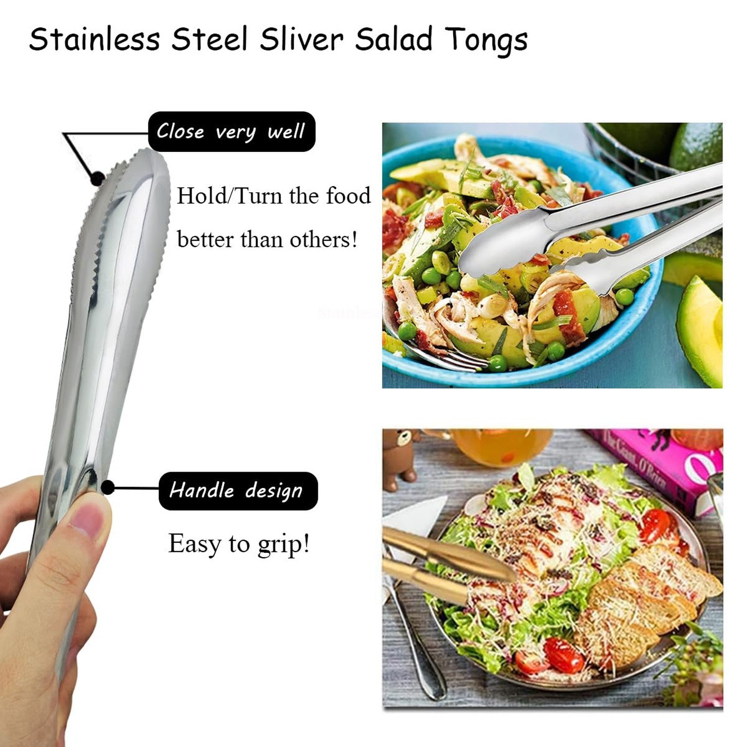 2-Pack 9 Inch Stainless Steel Sliver Salad Tongs, Non-slip and Easy Grip Smar…