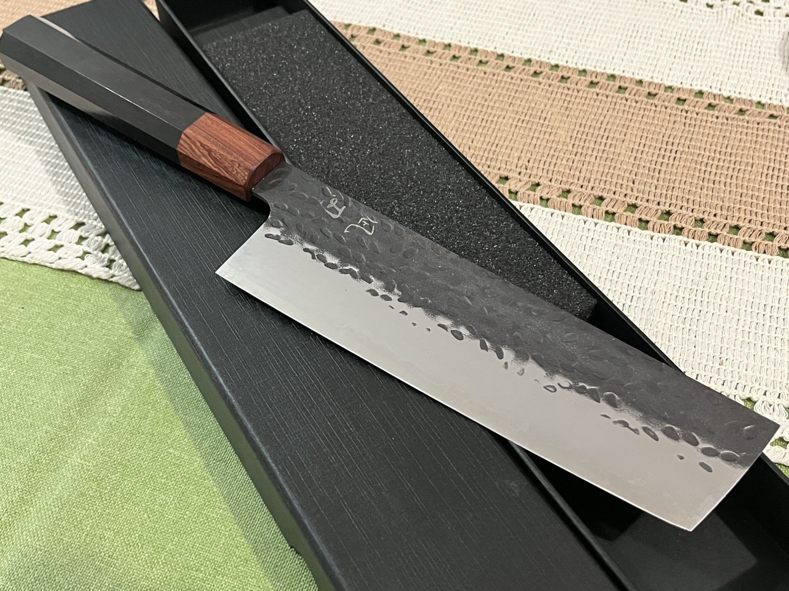 7″ Nakiri Knife 9Cr18 Kurouchi Hammered Vegetable Cleaver Octagonal Wood Handle