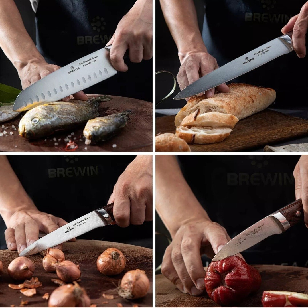 Brewin CHEFILOSOPHI Japanese Chef Knife Set 5 PCS with Elegant Red Pakkawood Han