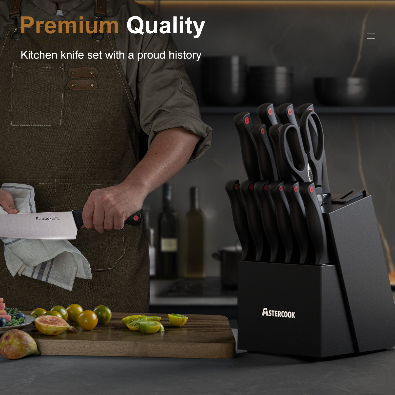 Astercook 14-Piece Knife Set w/ Block & Sharpener, German Stainless Steel