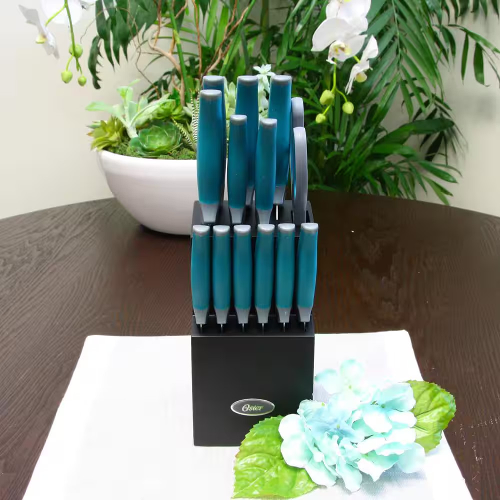 Oster Lindbergh 14-Piece Teal Stainless Steel Knife Set with Wooden Block