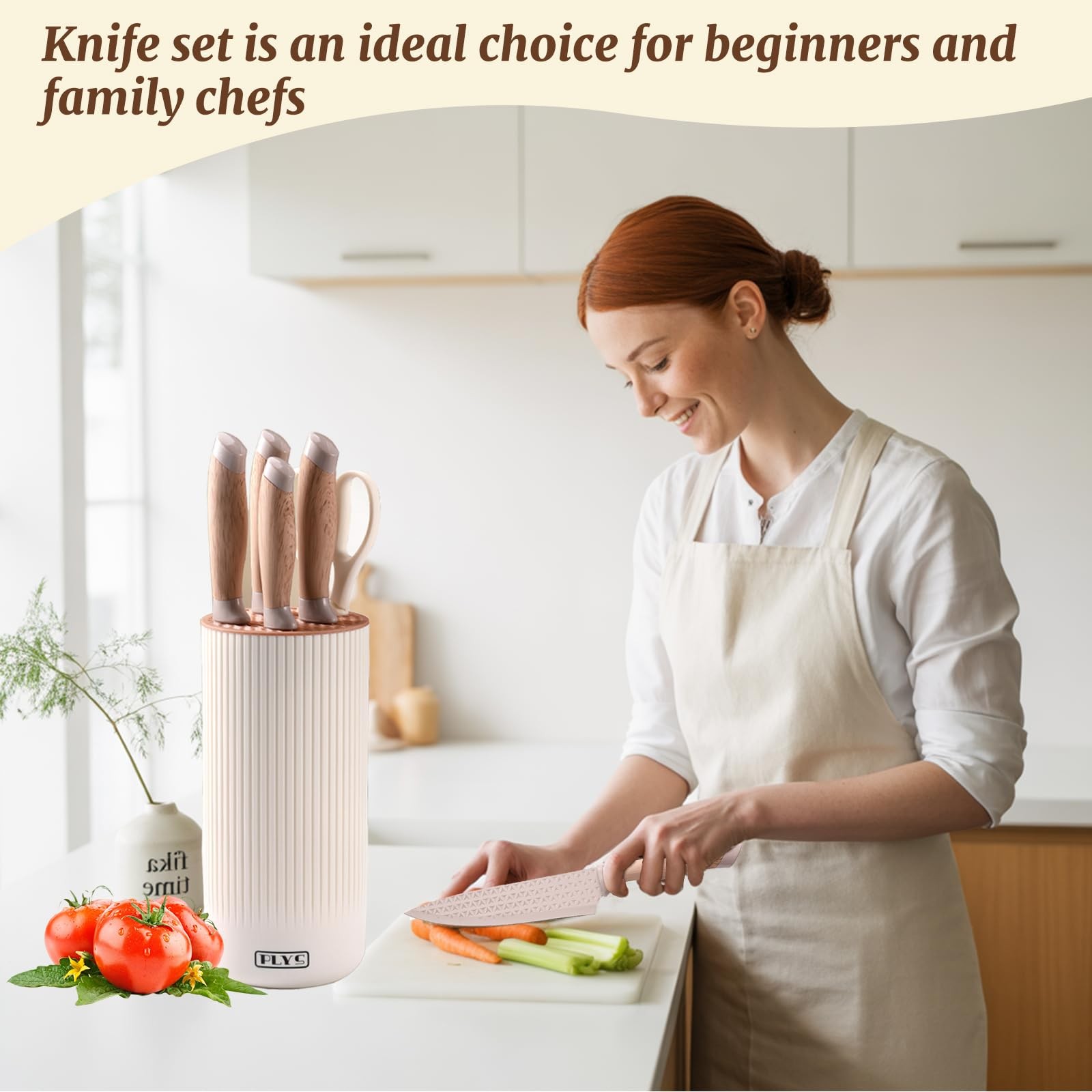 Knife Set 6 Piece Chef Kitchen Cooking Stainless Steel Block Anti Rust Beige