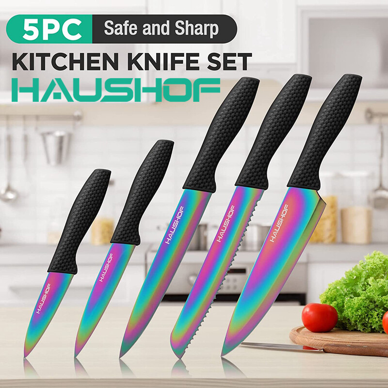 HAUSHOF 5PCS Kitchen Knife Set Rainbow Knife Sets with Arcylic Block for Slicing