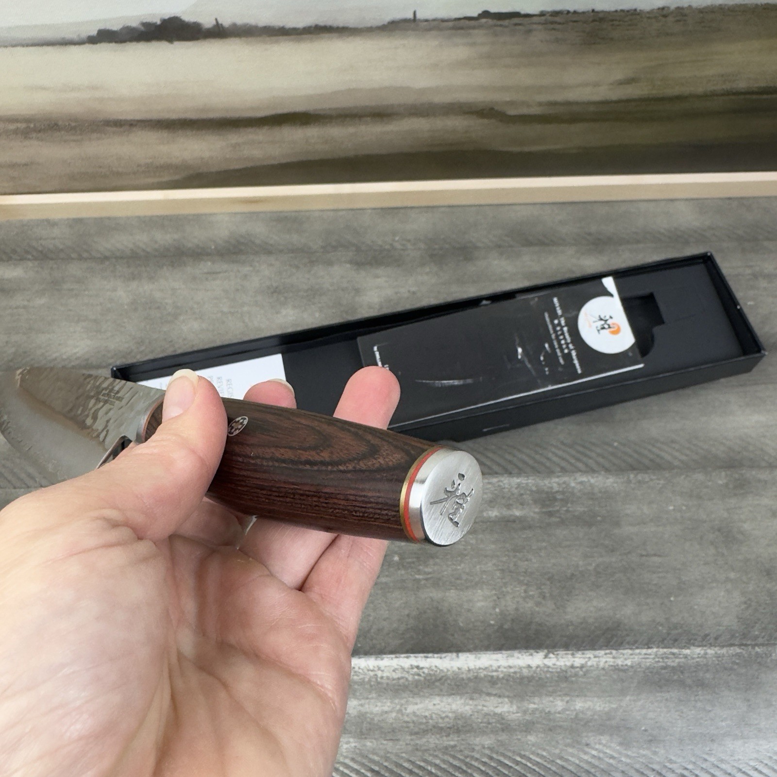 Williams Sonoma Miyabi Artisan Chef’s Knife 6”Silver Multicolor Bent Tip Read OB