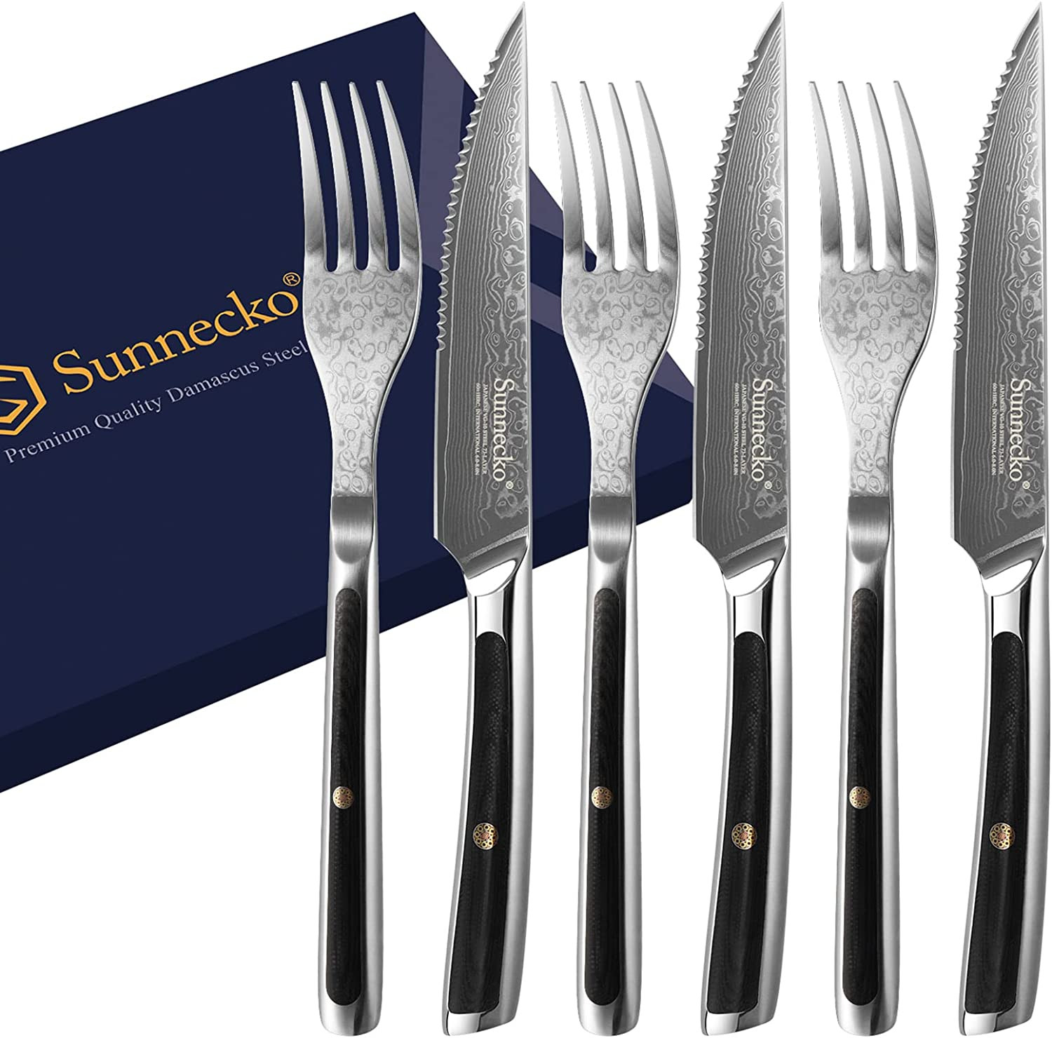 Sunnecko 6pcs Steak Knives and Forks Set Damascus Steel Table Meat Slicing Cut