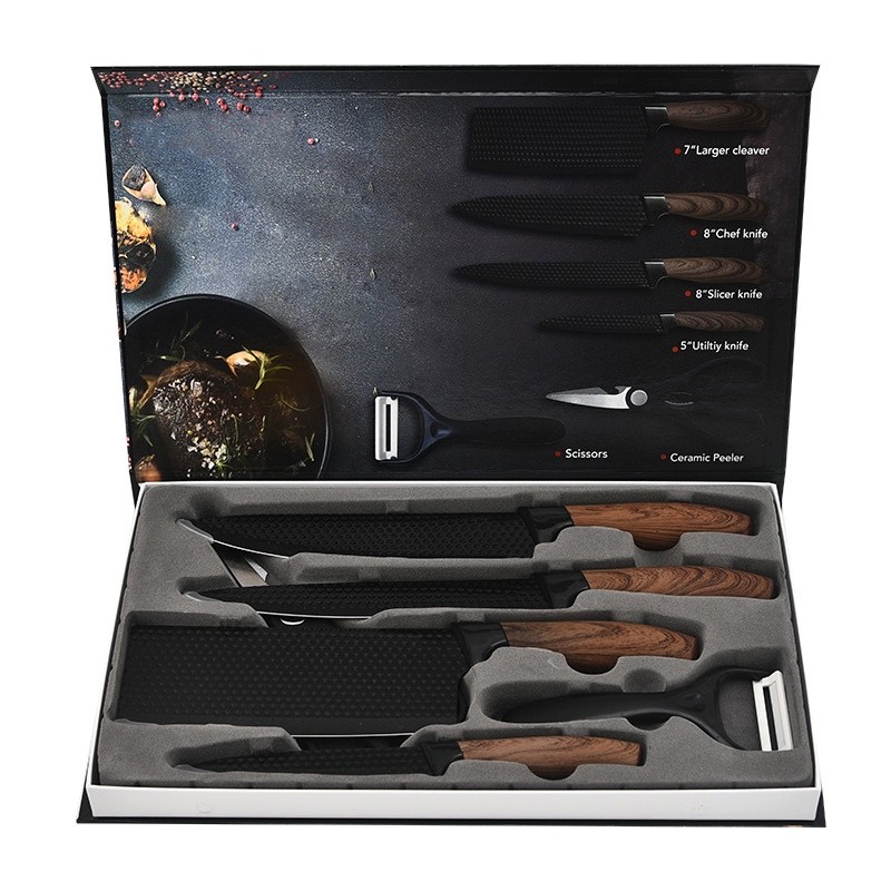 Kitchen Knife Set 6 Piece Stainless Steel Non Stick Black Blade Chef Knives New
