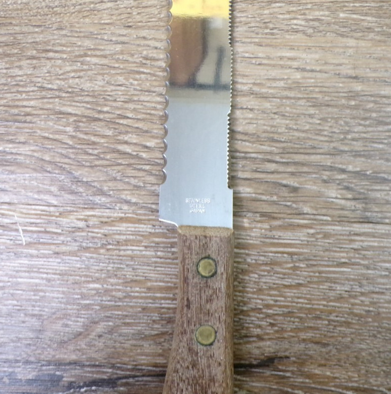 Vintage 2-Tine Double Edge Knife 7.5″ Blade Wood Handle 2 Brass Rivets – Japan