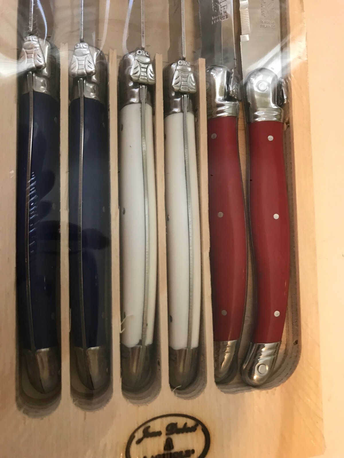 Set of 6 authentic French Jean Dubost Laguiole steak knives blue white red NEW