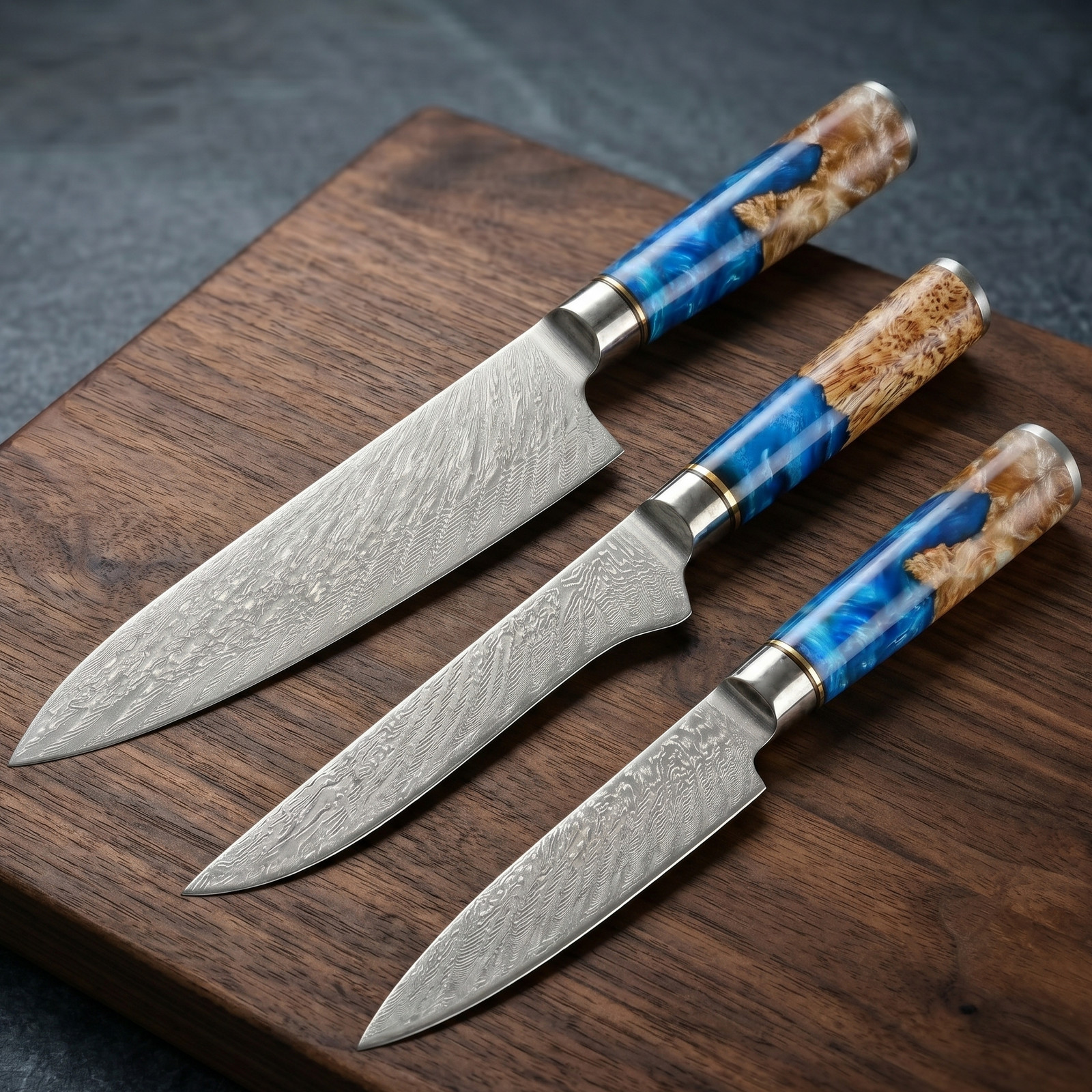 3-Piece Damascus Knife Set 67-Layer VG10 Japanese Kitchen Knives Blue Resin