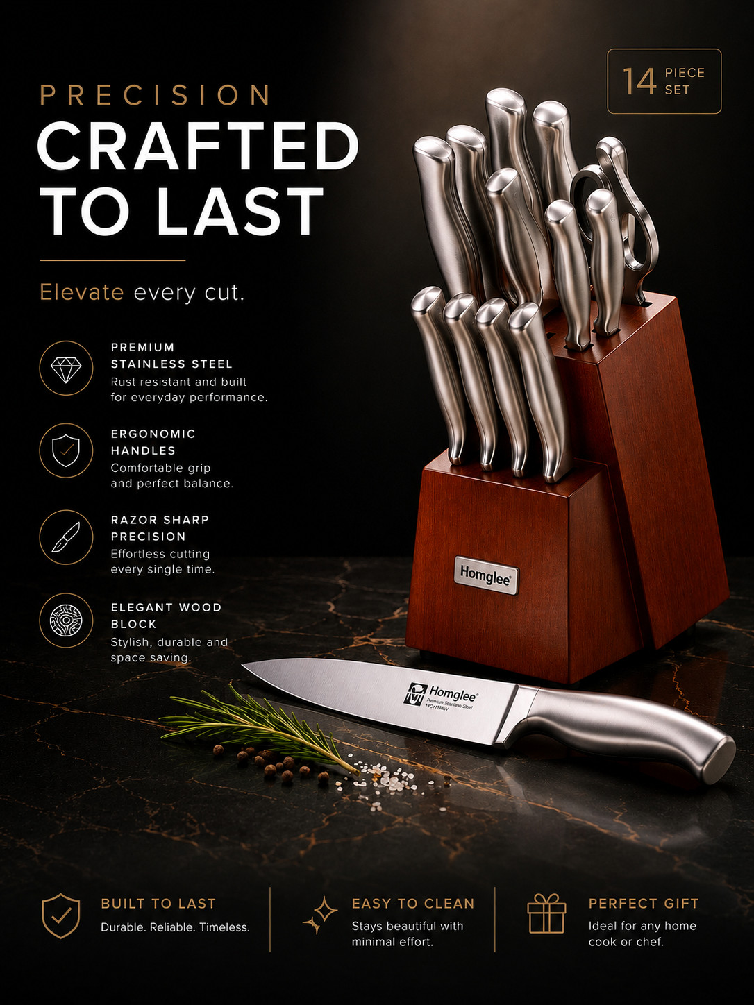 Homglee 14-Piece Kitchen Knife Set w/Wood Block- Ultra Sharp Chef Knives