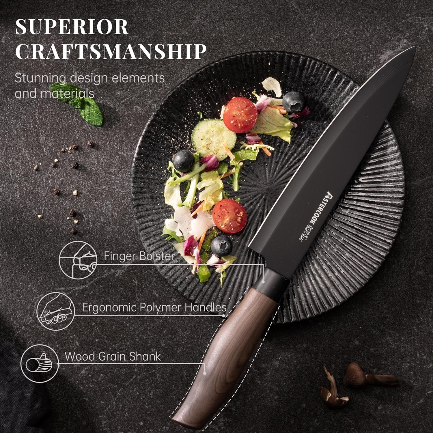 Elegant 6-Piece Kitchen Knife Set with Ergonomic Wood Grain Handles, Black Block