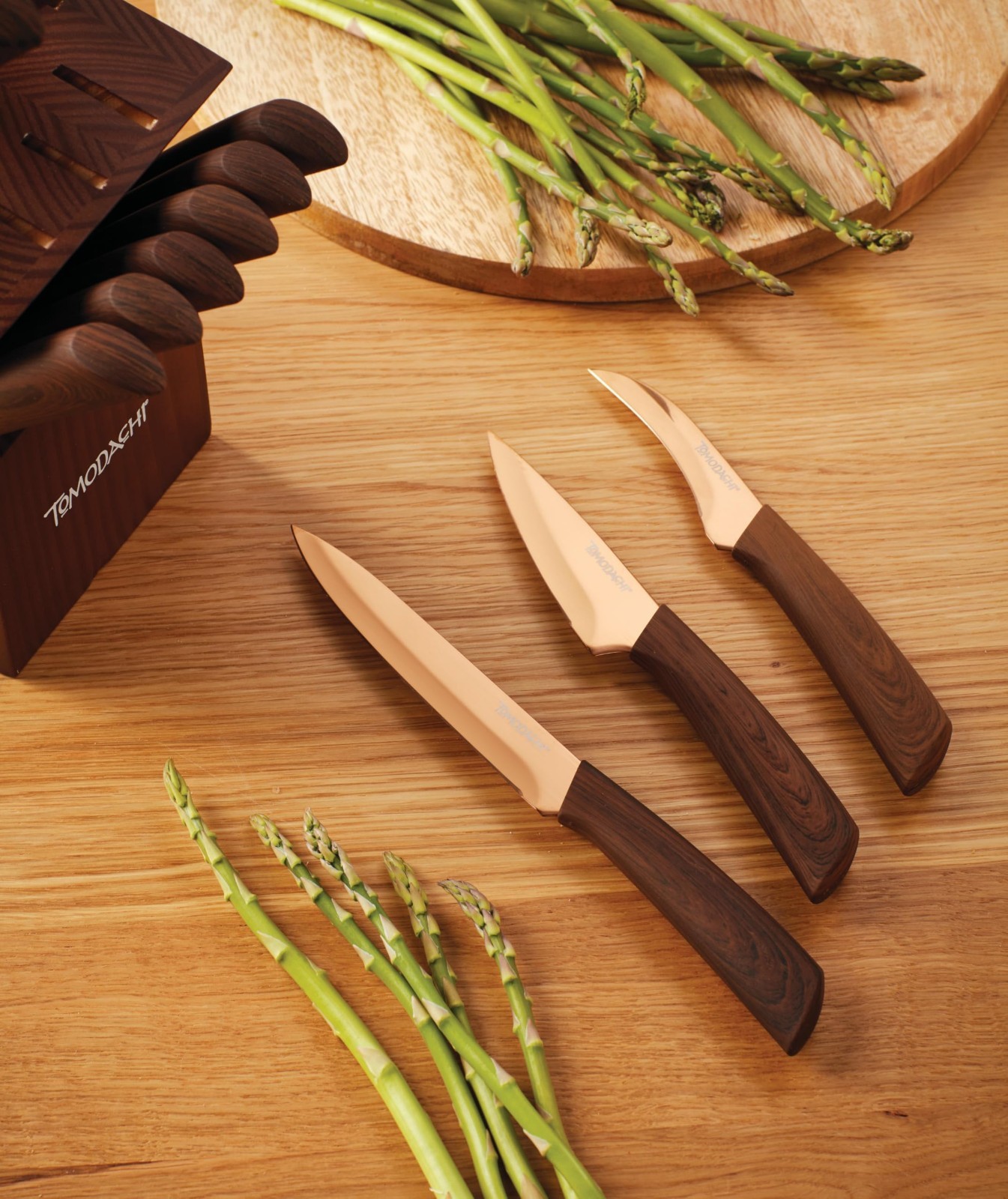 13-Piece Copper Knife Block Set, Brown Wood Kitchen Cutlery, Sharp & Durable