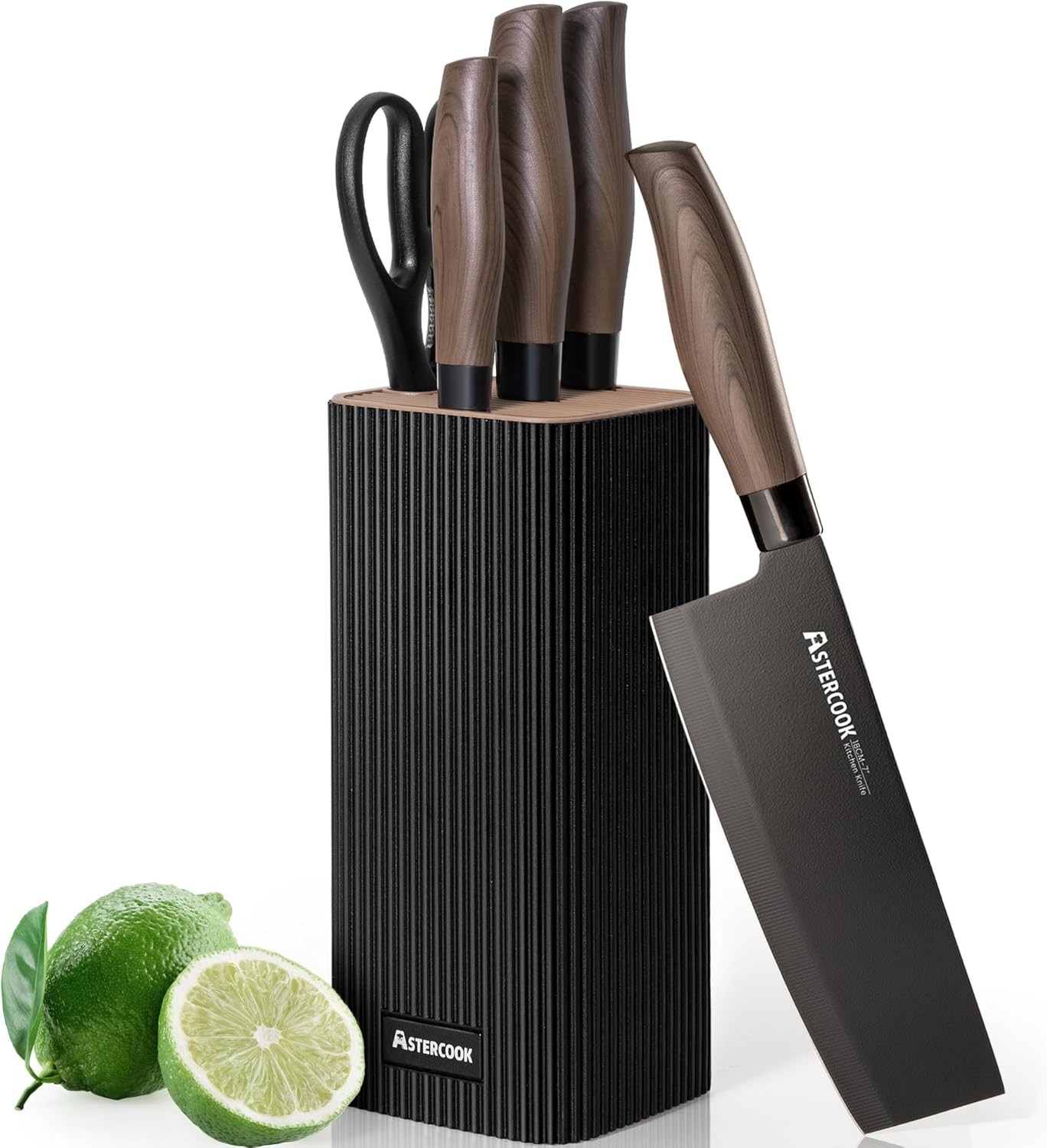 Elegant 6-Piece Kitchen Knife Set with Ergonomic Wood Grain Handles, Black Block