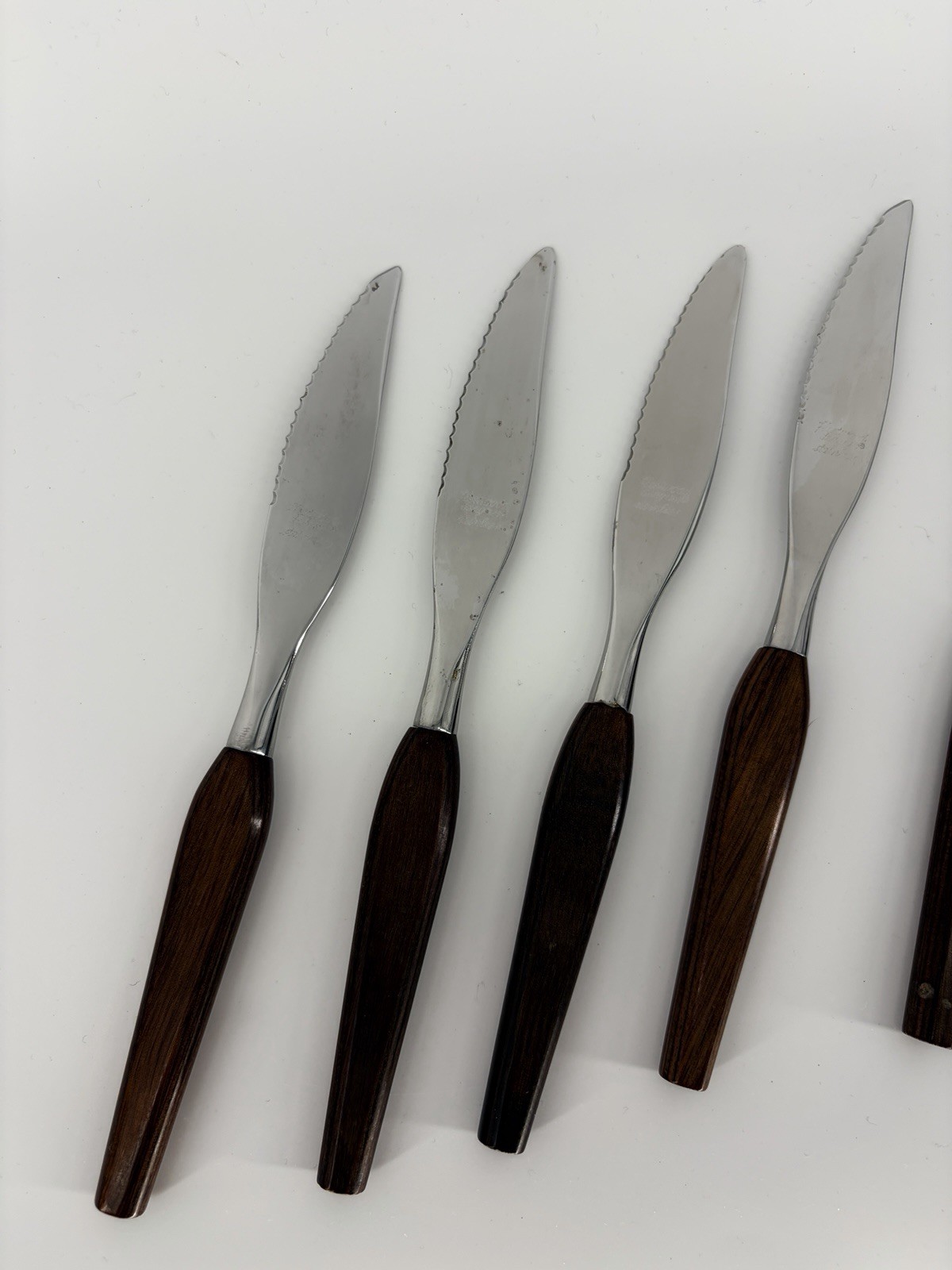 Fleetwood Designs Serrated Knife Set (6) Danish Mid Century Teak Stainless