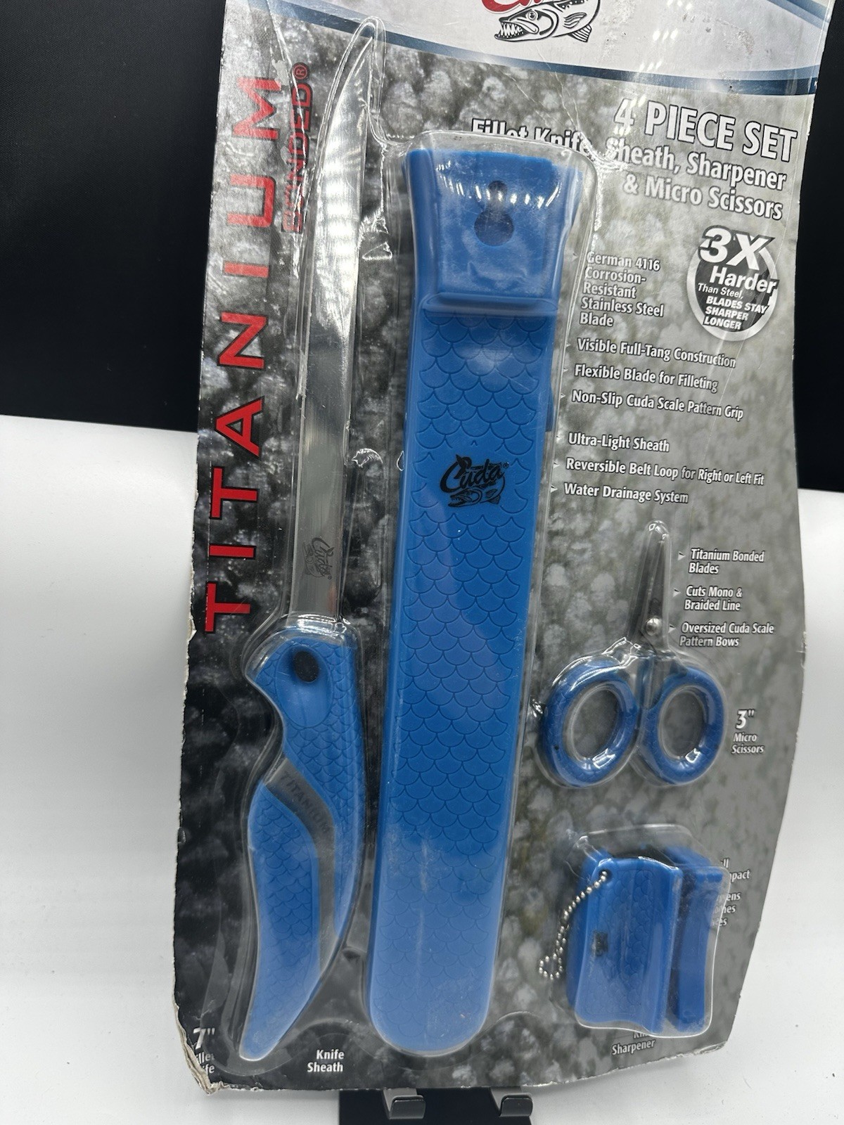 Cuda Titanium 4 Piece Fishing Set – 7″ Fillet Knife, Sheath, Sharpener, Scissor