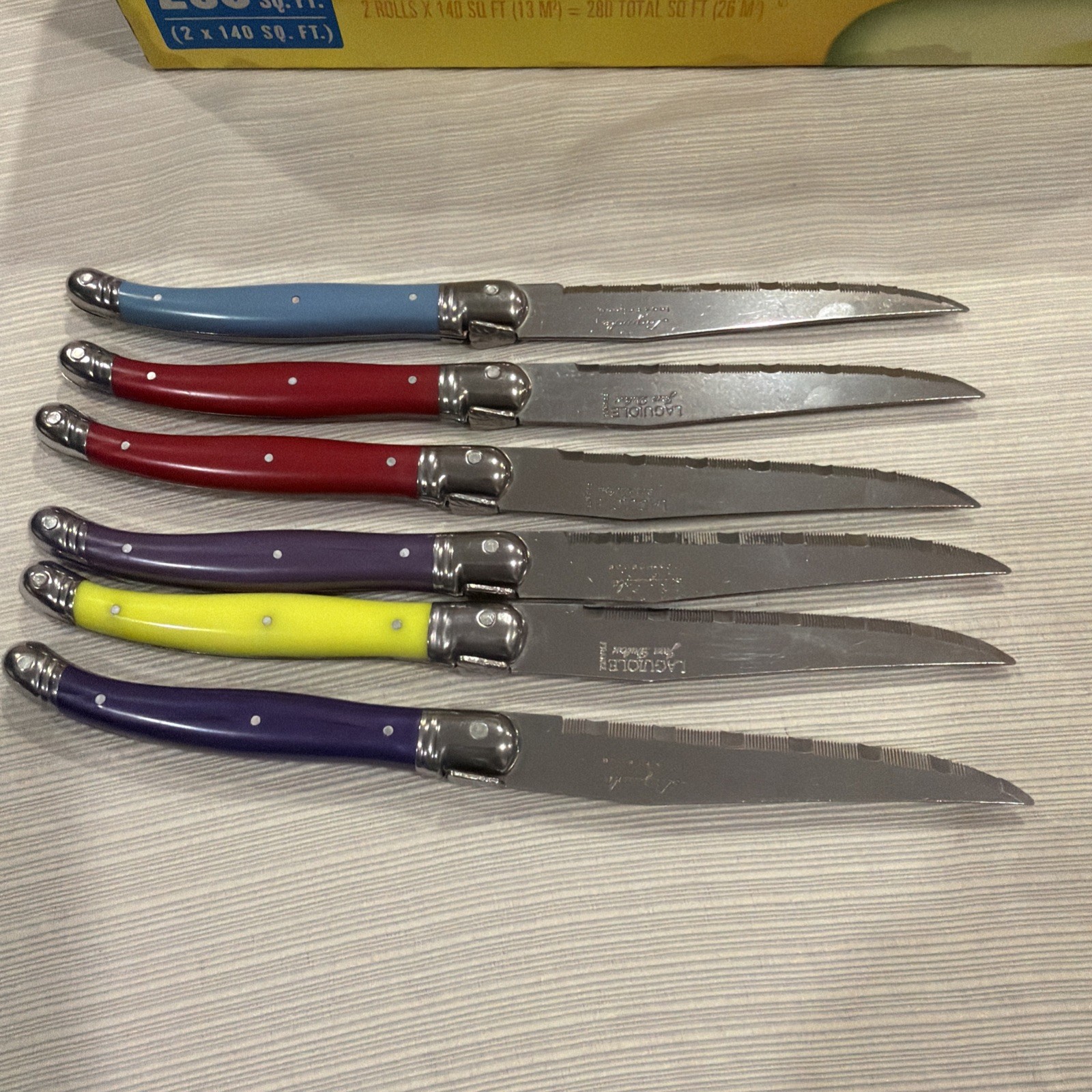 6 Laguiole Steak Knives Colored Handles Inox France Red Blue Purple Neon
