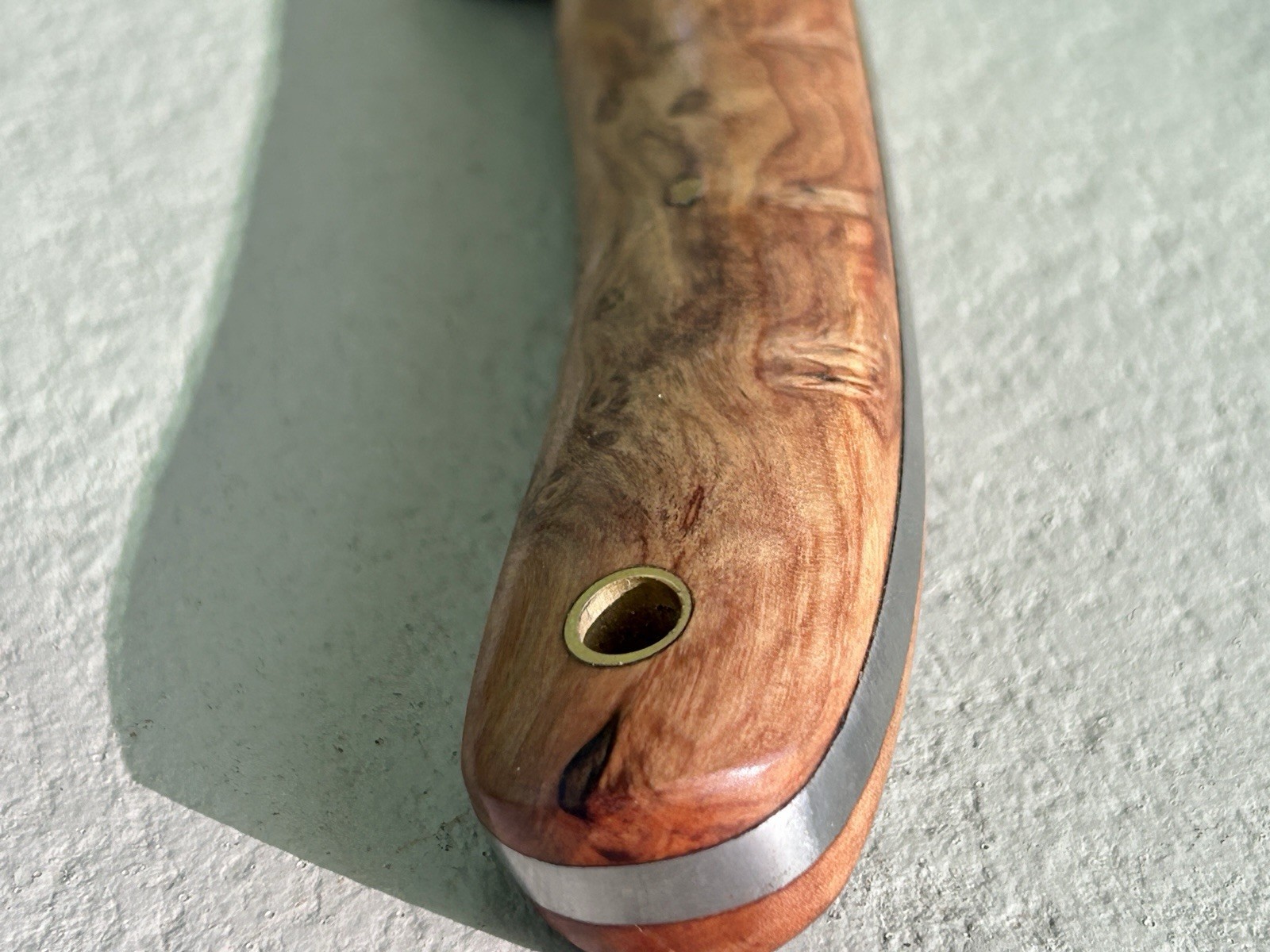 Custom Handmade Damascus Steel Knife 4⅜ Blade Burl Wood Handle w/ Leather Sheath
