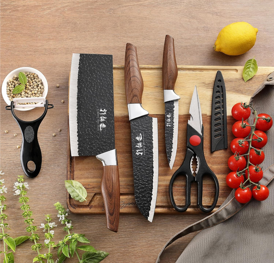5 Piece Kitchen Knife Set – Chef Cleaver Santoku Utility Knives Scissors Peeler