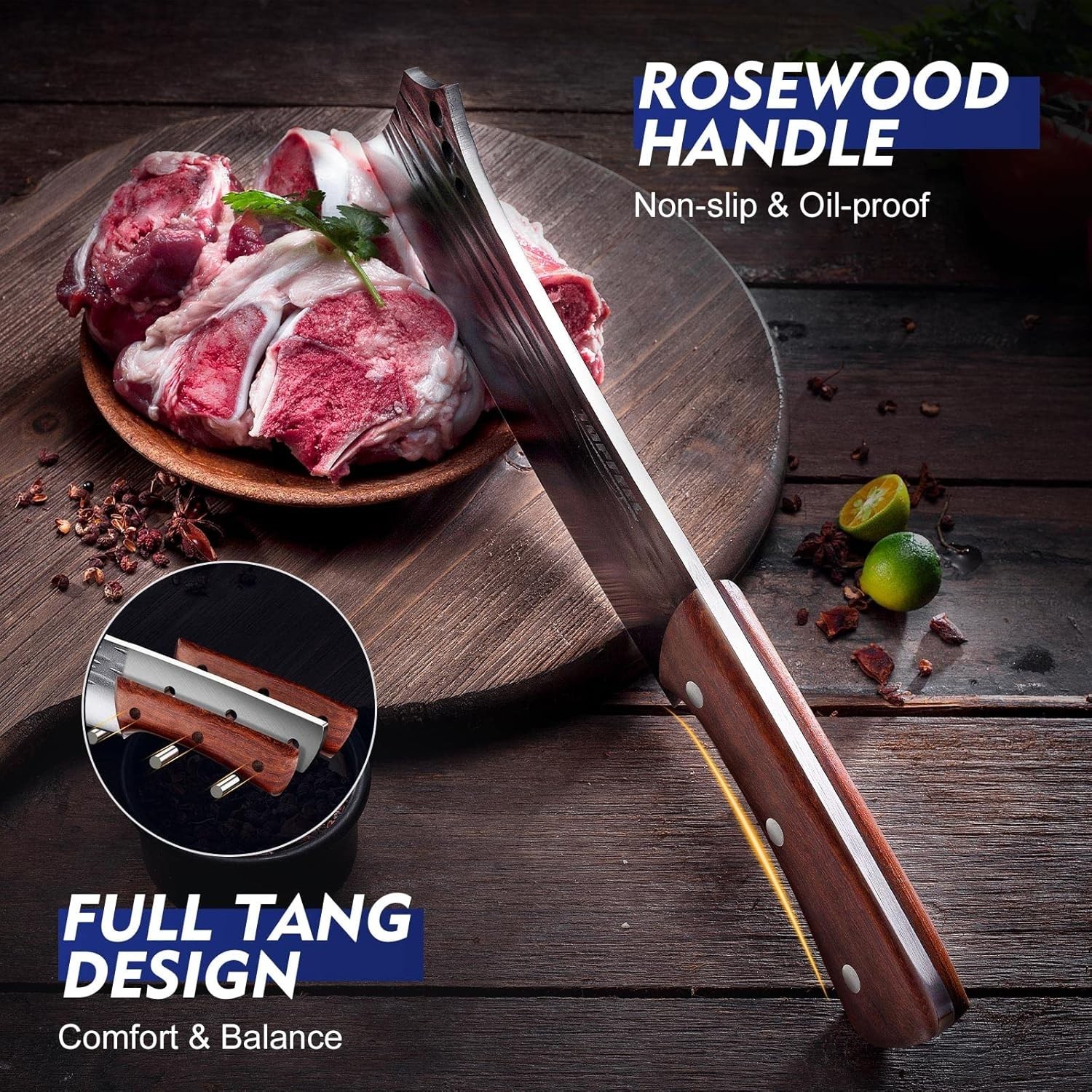 Professional Chef Knife Set: 2PCS Meat Cleaver & Bone Cutter, Rosewood Handles