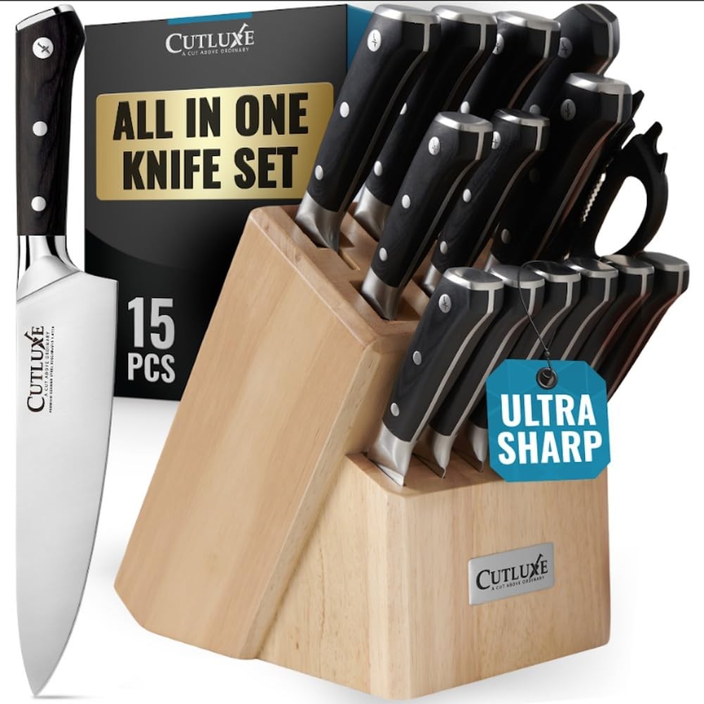Cutluxe 15-Piece Knife Set – Premium Rubberwood Wood Block – Knife Set for Ki…