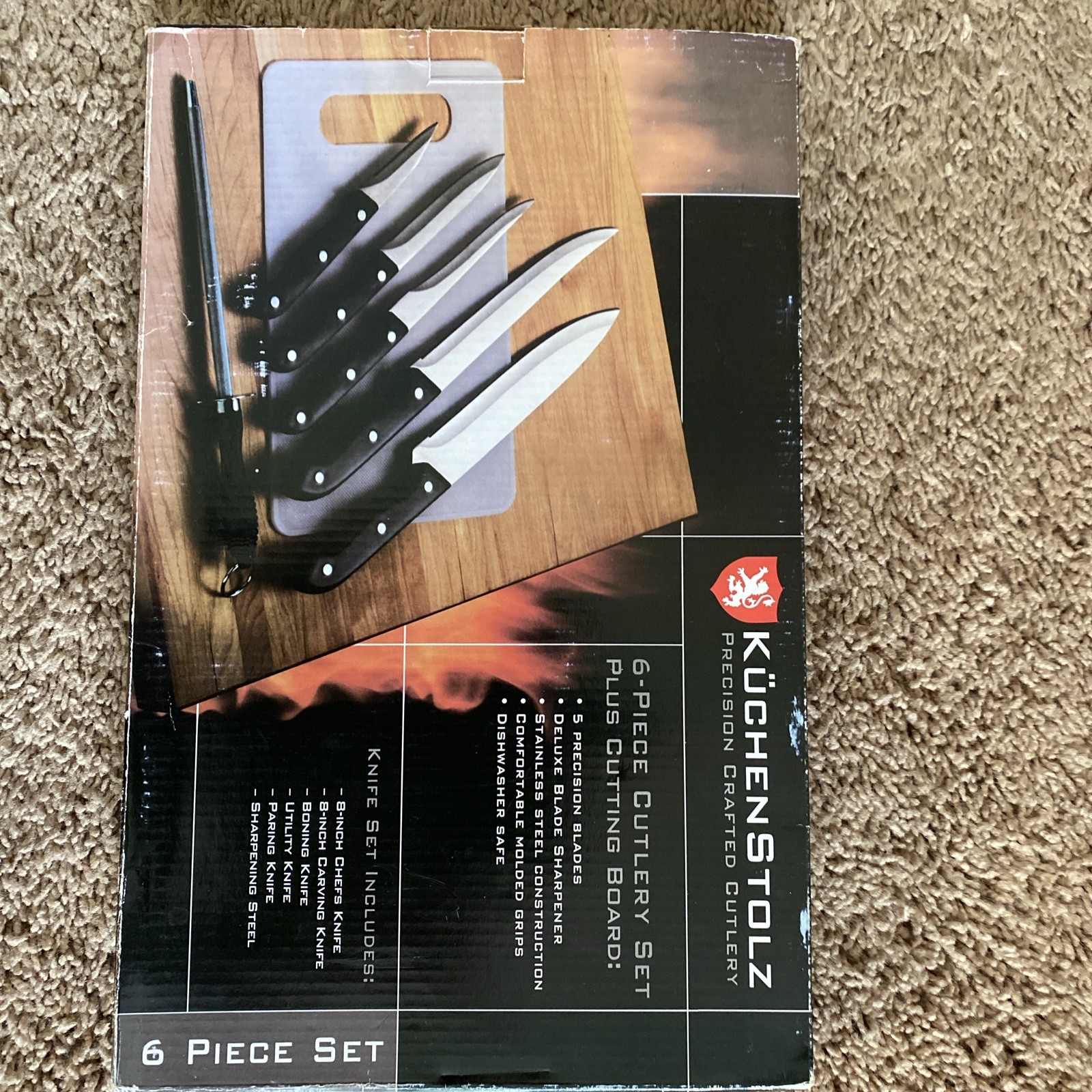 New In Box-6 Piece Kuchen Stolz Knife Set with Sharpener & Cutting Board