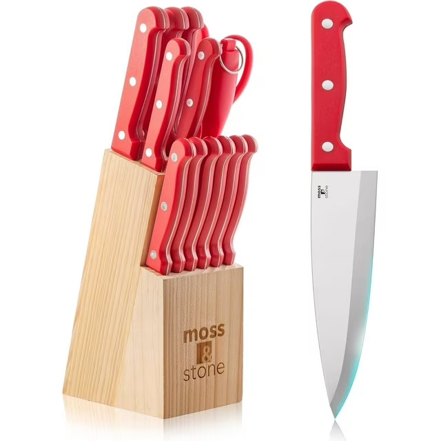 Moss & Stone 14-piece Red Knife Block Set Stainless Steel Knife Set Premium