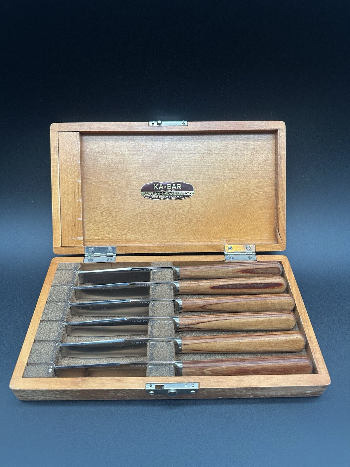 Vintage Ka-Bar Master Cutlers Stainless Kitchen Knife Set of 6 Wood Handle