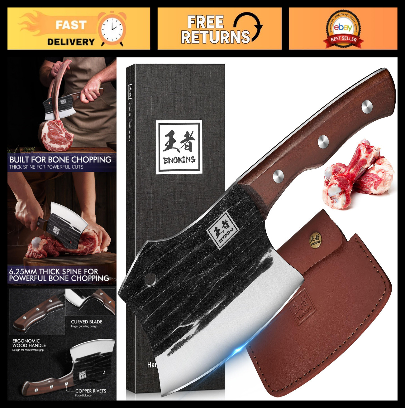 Heavy-Duty 5.7″ Bone Cleaver Knife, Full Tang Butcher Chopper with Leather Sheat