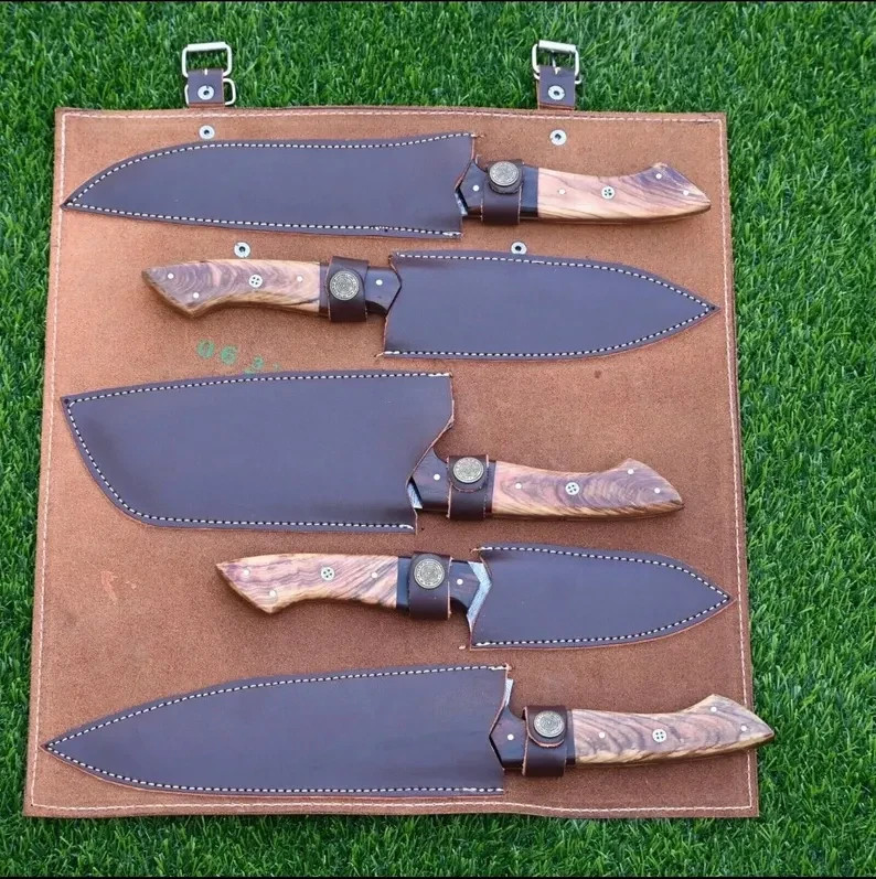 Handmade Damascus Steel Chef Knife Set with Leather Roll | Kitchen & BBQ Knives