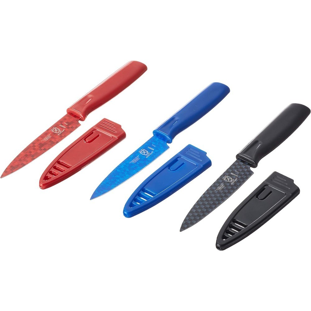 Non-Stick Paring Knives 4 Inch with ABS Sheaths Set of 3 Red Blue Black