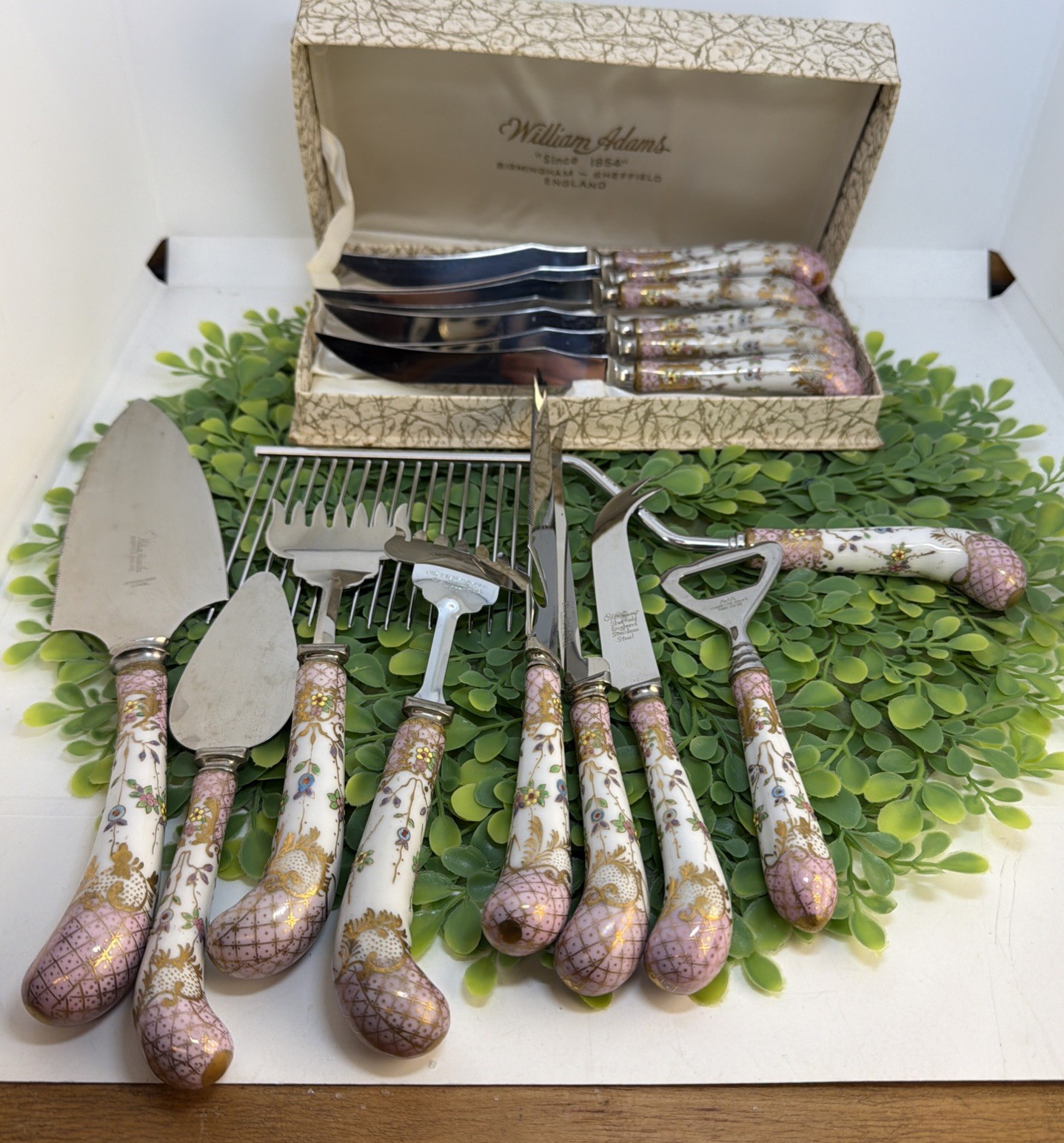 Set 15 William Adams Sheffield Hand Painted Utensils Knives Server Opener Fork